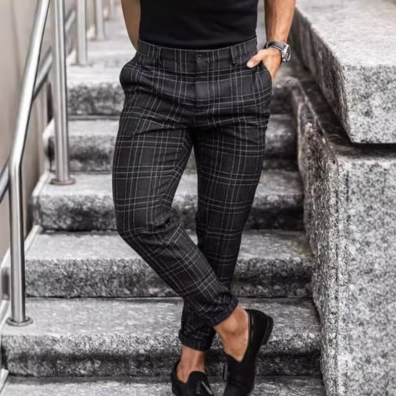 Men Plaid Casual Pants Black Summer Stylish