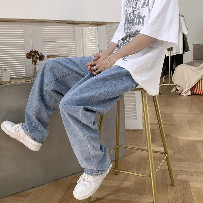 Men Loose Fit Blue Jeans Pants Spring Trendy