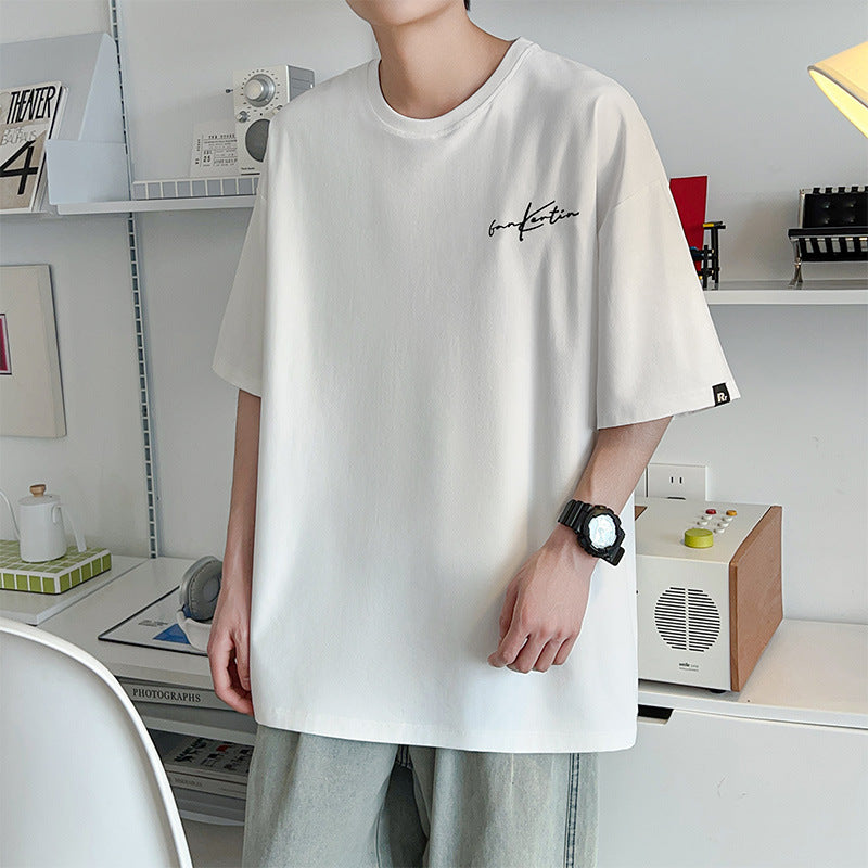 Men Loose Embroidered T-Shirt Plus Size Summer Blac