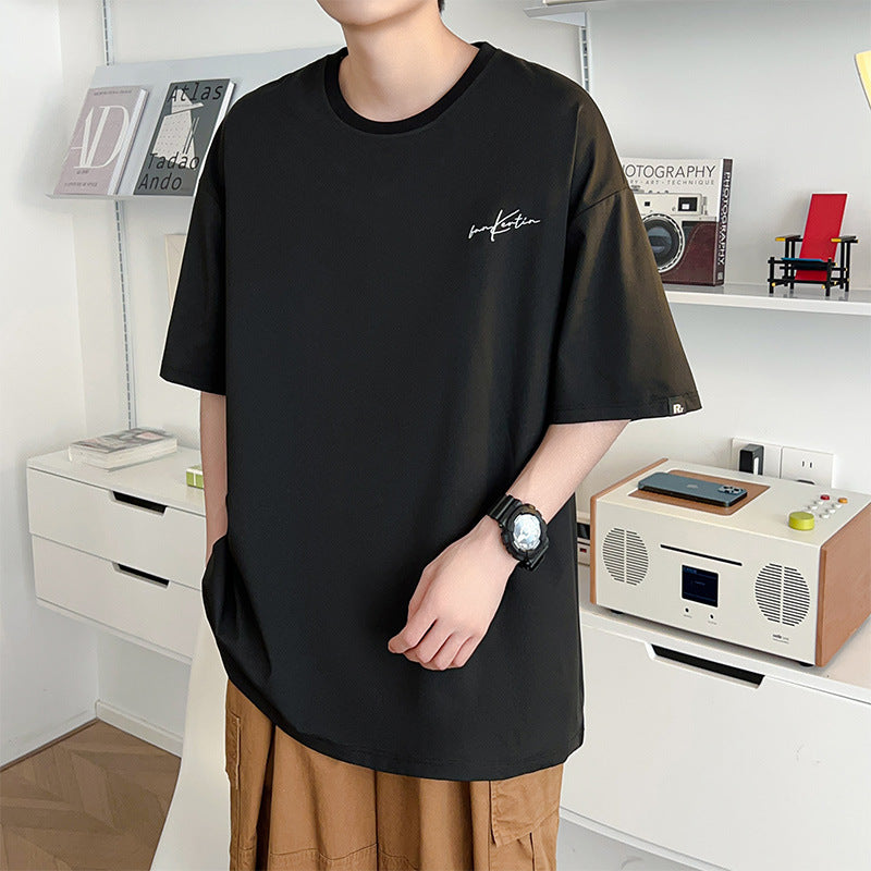 Men Loose Embroidered T-Shirt Plus Size Summer Blac