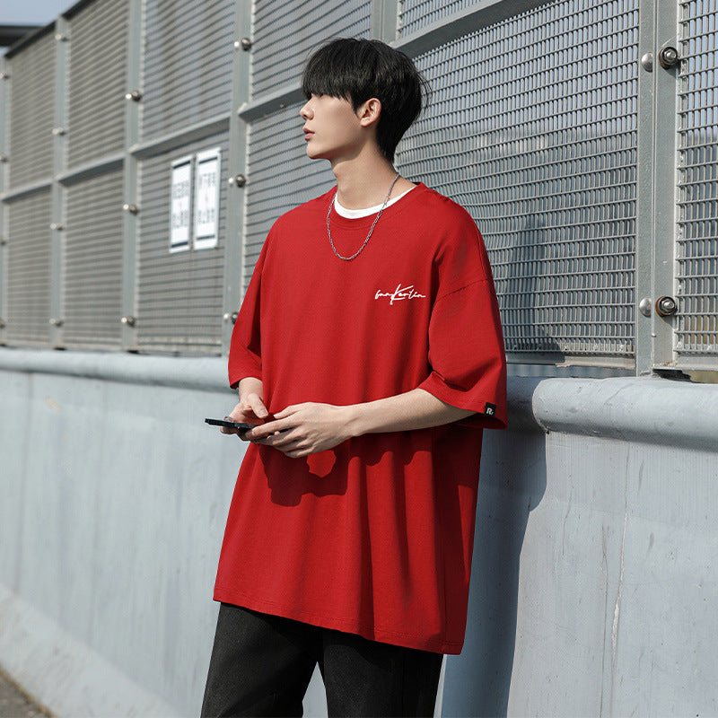 Men Loose Embroidered T-Shirt Plus Size Summer Blac